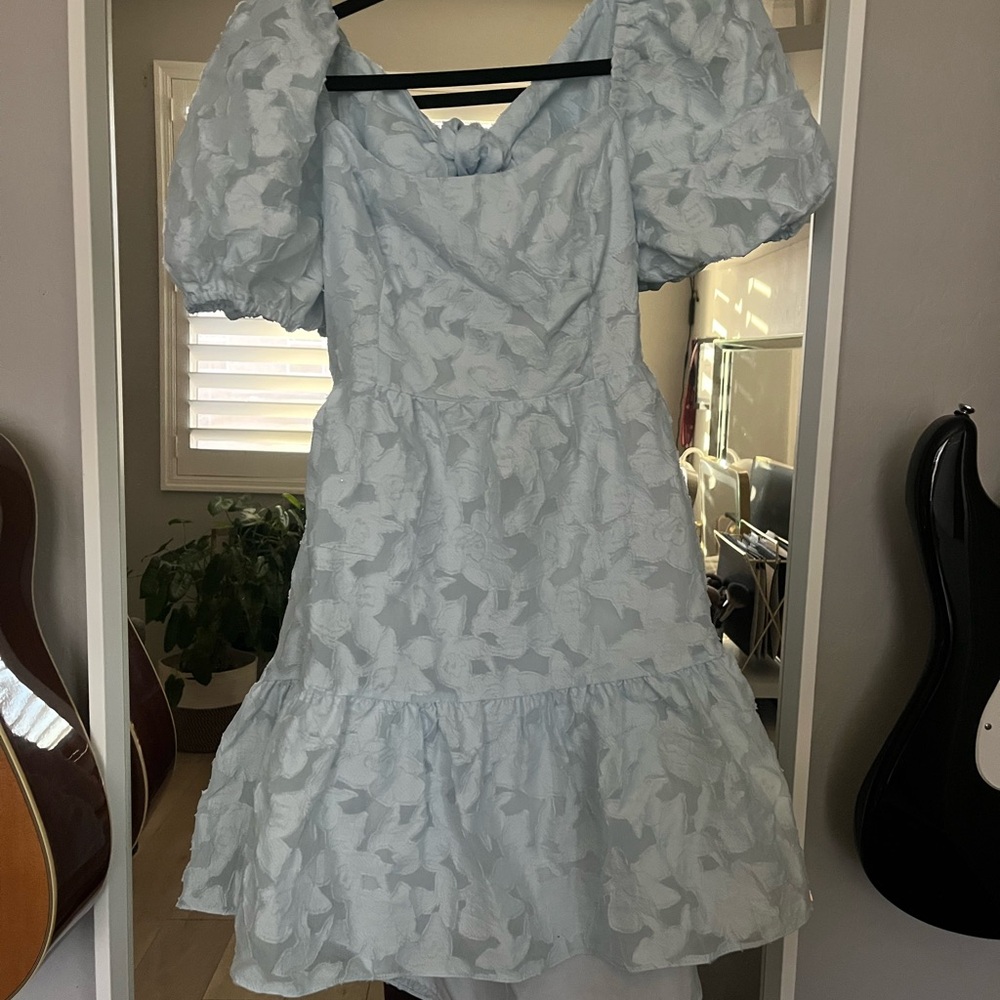 Light Blue Floral Puff Sleeve Dress